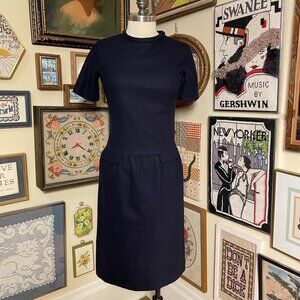 60s Vintage Blue Wool Short Sleeve Mod Style Dress With Drop Waist Size L
